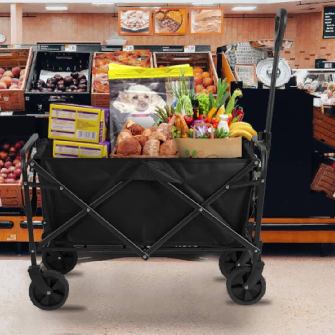 Folding Wagon, Collapsible Wagon Garden Cart Heavy Duty With Side Pocket And Wheels, Large Capacity Foldable Grocery Beach Wagon For Garden Sports Camping Shopping