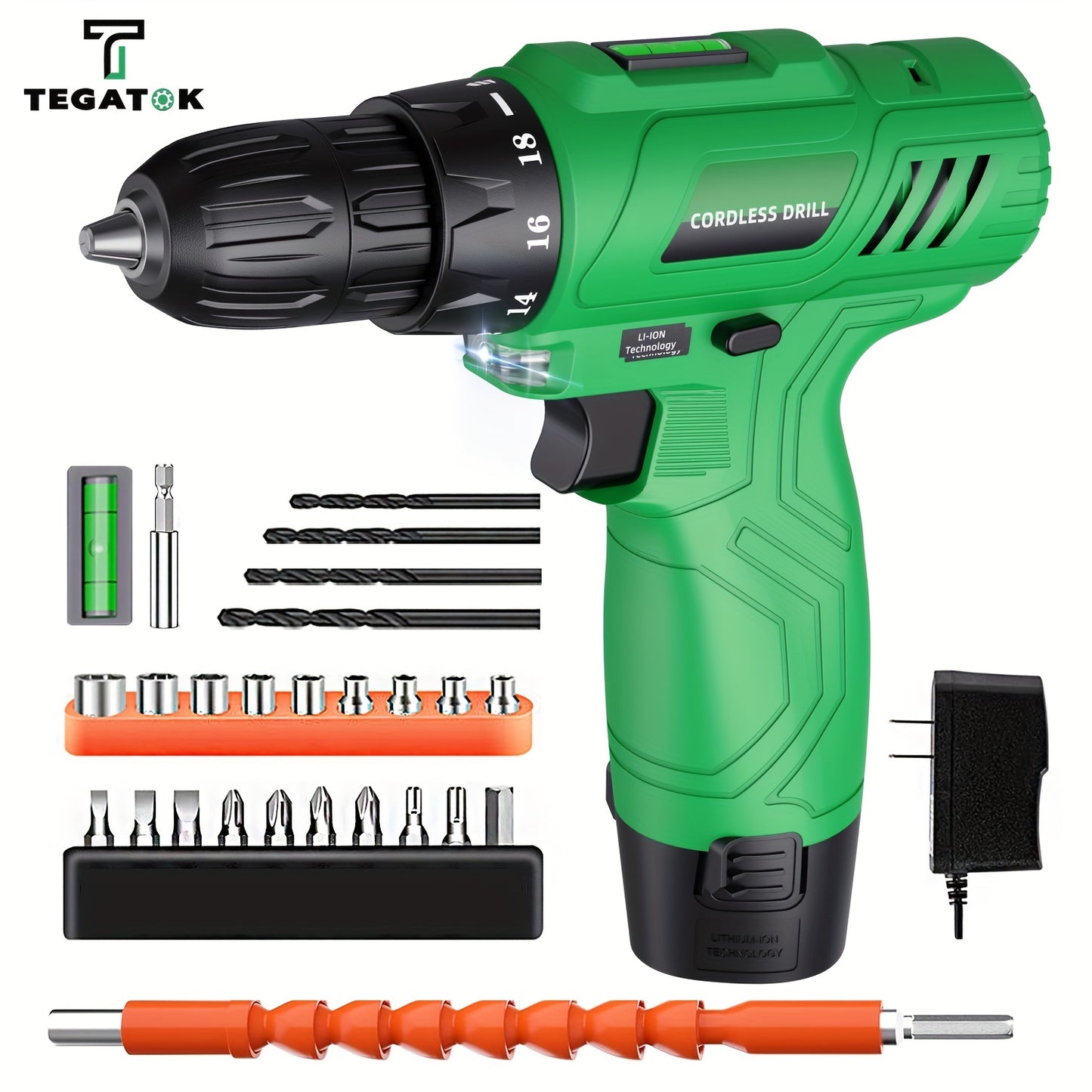 1set Tegatok Cordless Drill, Power Drill, 12V Cordless Drill With Battery And Charger, Electric Drill With Variable Speed And 18+1 Torque Setting, 25 Drill Bits For Drilling And Screwing, Repair Tool