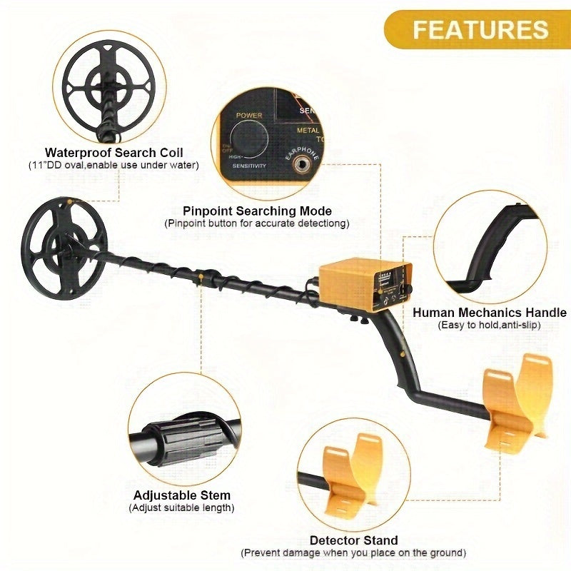 1pc Professional Metal Detector, Underground Metal Detector, Portable Gold Silver Copper Metal Detectors For Detecting Jewelry Gold Silver Beach Treasures, With Earphones And Sand Shovel