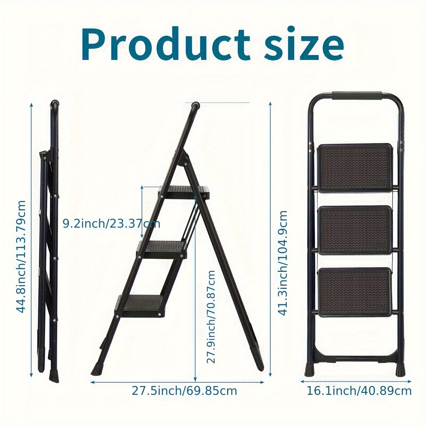 1pc Step Ladder, Ladder Shelf, 3 Step Ladder, Folding Step Stool With Wide Anti-Slip Pedal, Sturdy Steel Ladder, Convenient Handgrip, Lightweight, Portable Steel Step Stool, Black