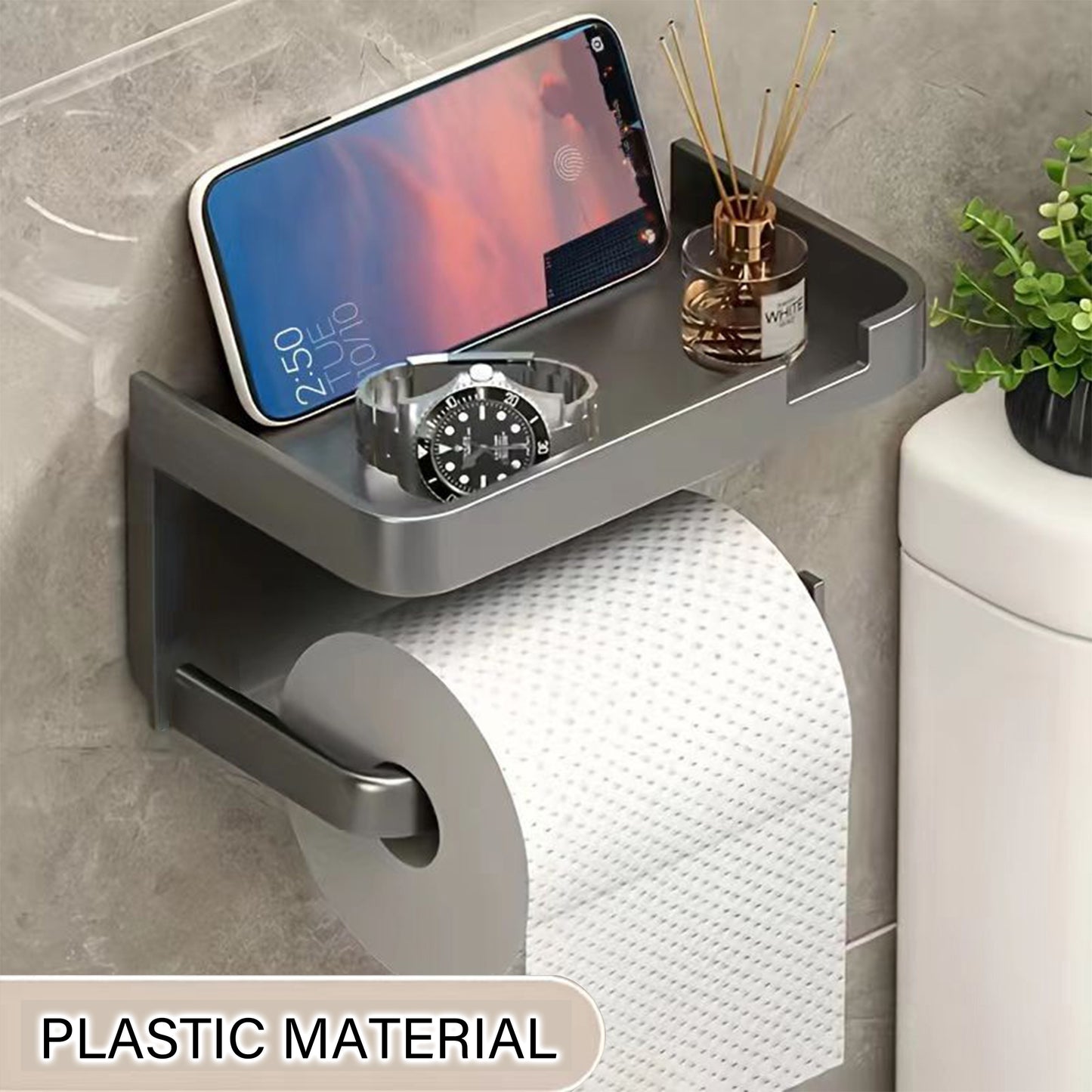 1pc Wall Mounted Toilet Paper Storage Rack & Mobile Phone Holder, Self Adhesive Toilet Paper Holder With Phone Shelf, Upgrade Your Bathroom With Rustproof And Bathroom Washroom, Black Tissue Rack