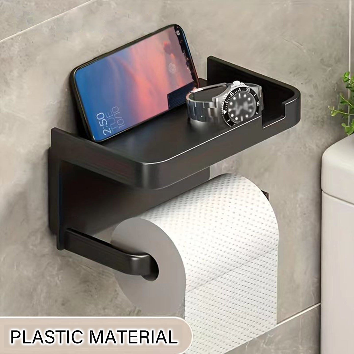 1pc Wall Mounted Toilet Paper Storage Rack & Mobile Phone Holder, Self Adhesive Toilet Paper Holder With Phone Shelf, Upgrade Your Bathroom With Rustproof And Bathroom Washroom, Black Tissue Rack