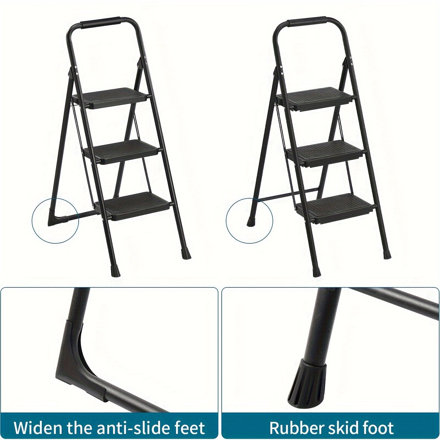 1pc Step Ladder, Ladder Shelf, 3 Step Ladder, Folding Step Stool With Wide Anti-Slip Pedal, Sturdy Steel Ladder, Convenient Handgrip, Lightweight, Portable Steel Step Stool, Black