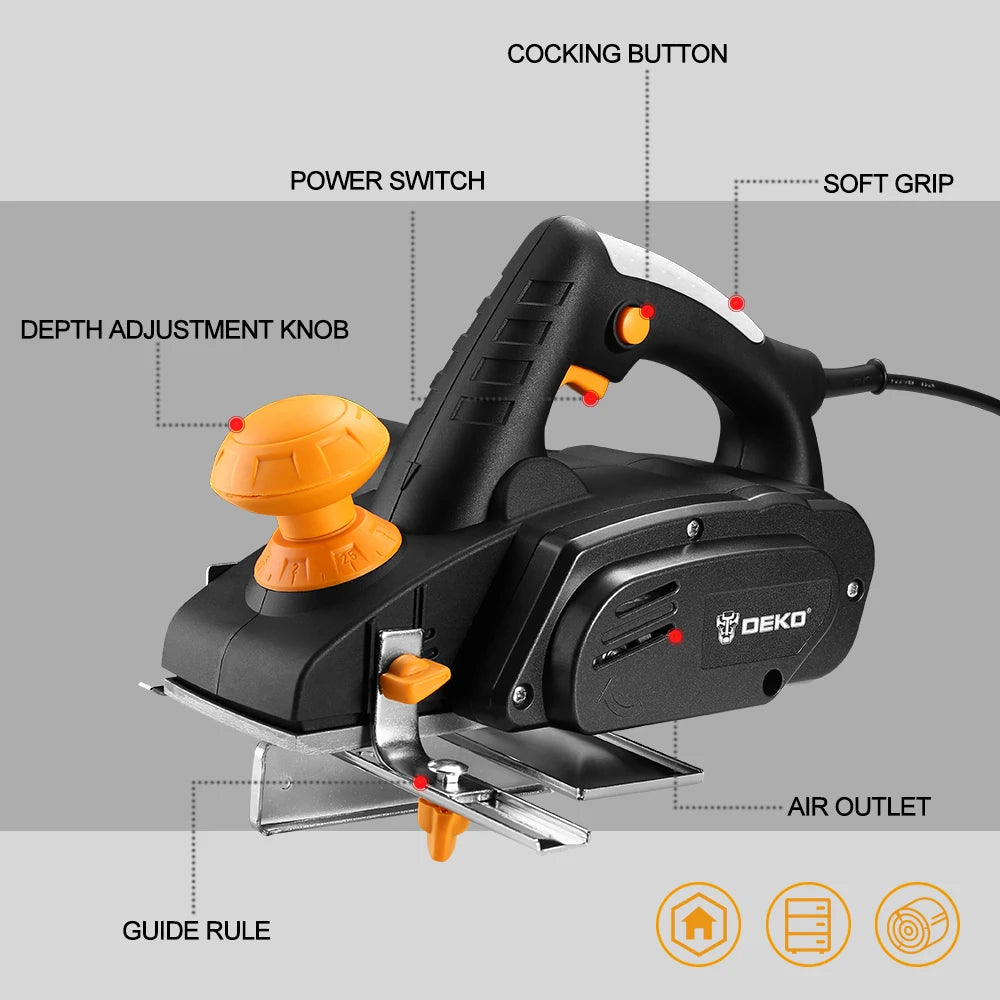 High-Powered DEKO Electric Hand Planer - Ideal for Woodworking Projects - 900W, 16000RPM, 3mm Cut Depth (DKEP900)