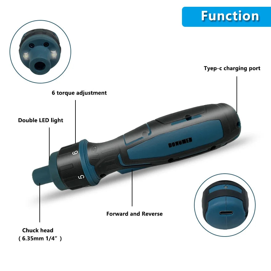 Powerful Cordless Screwdriver Set - 3.6V 1300mAh Li-ion Battery - USB Charging - LED Light - 6 Torque Settings - DONUMEH