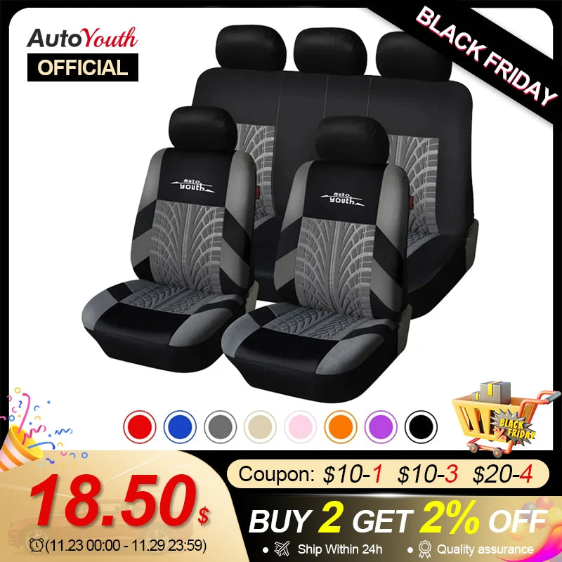 AUTOYOUTH Brand Embroidery Car Seat Covers Set Universal Fit Most Cars Covers with Tire Track Detail Styling Car Seat Protector