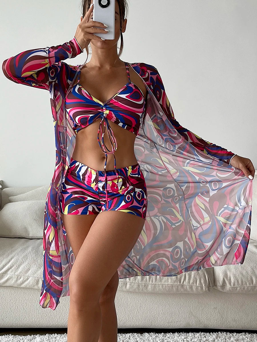 Tropical High Waist Bikini Three Pieces Women Sexy Long Sleeve Cover Up Swimsuit 2023 Summer Push Up Beach Bathing Suit Swimwear