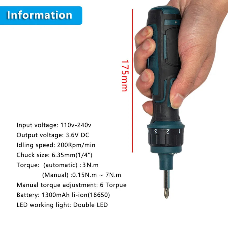 Powerful Cordless Screwdriver Set - 3.6V 1300mAh Li-ion Battery - USB Charging - LED Light - 6 Torque Settings - DONUMEH