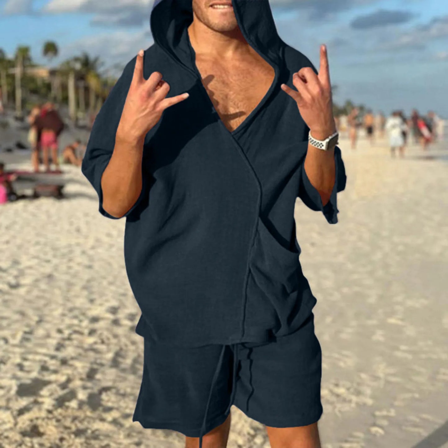 2024  New Cotton Linen Hooded Suit Solid Color Retro Casual Beach Vacation Two Piece Set Fashion Hip-hop Shorts Sets Summer Shirt