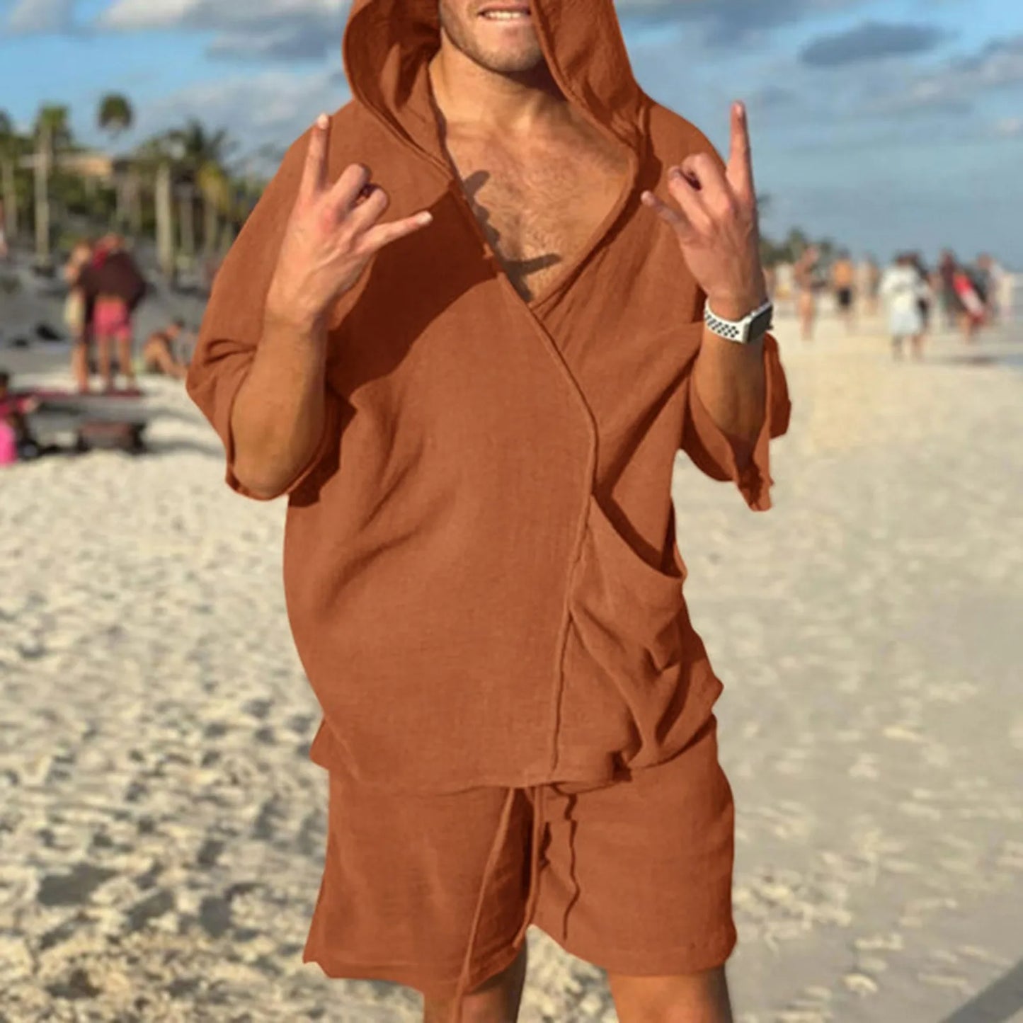 2024  New Cotton Linen Hooded Suit Solid Color Retro Casual Beach Vacation Two Piece Set Fashion Hip-hop Shorts Sets Summer Shirt