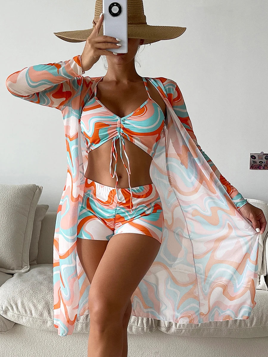 Tropical High Waist Bikini Three Pieces Women Sexy Long Sleeve Cover Up Swimsuit 2023 Summer Push Up Beach Bathing Suit Swimwear