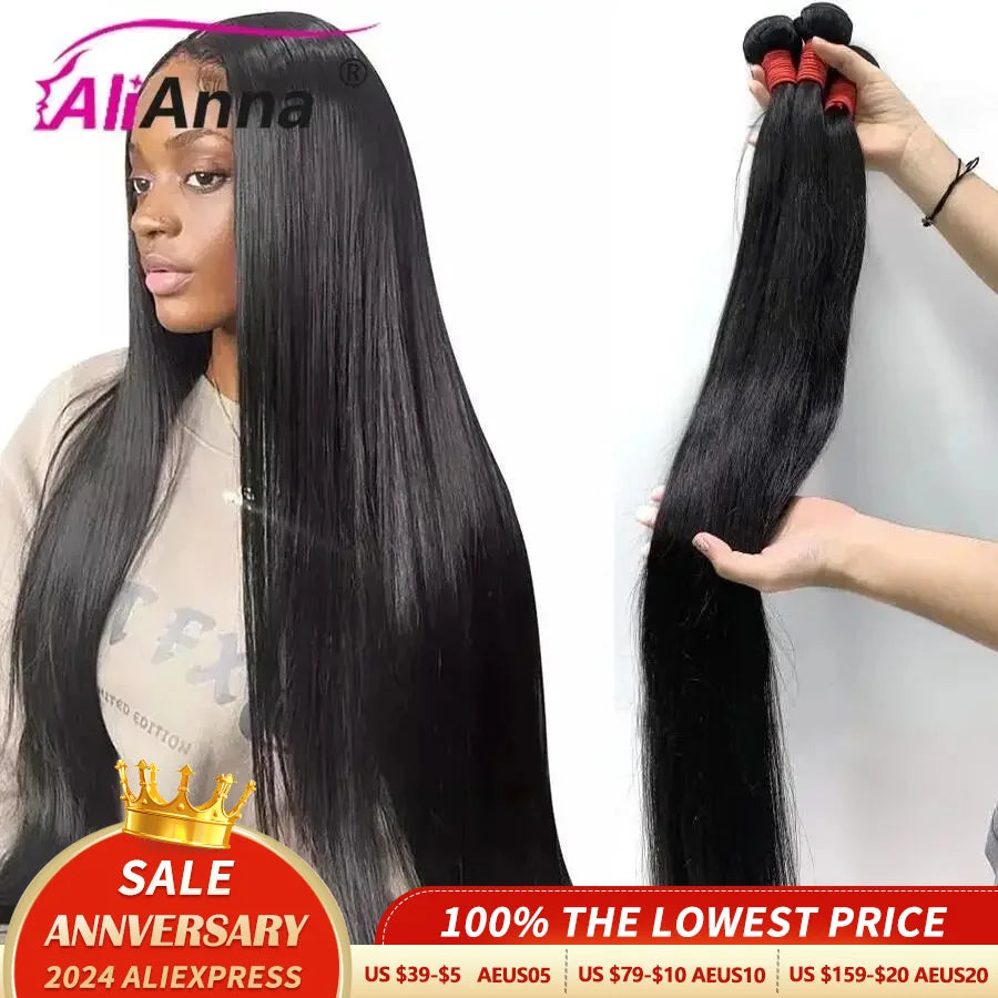 Premium Brazilian Human Hair Bundles - Straight, 10A Quality, 30-40 Inches - Extensions Included