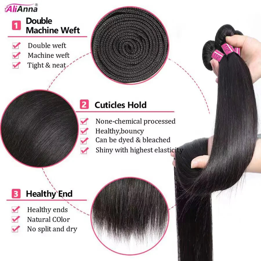 Premium Brazilian Human Hair Bundles - Straight, 10A Quality, 30-40 Inches - Extensions Included