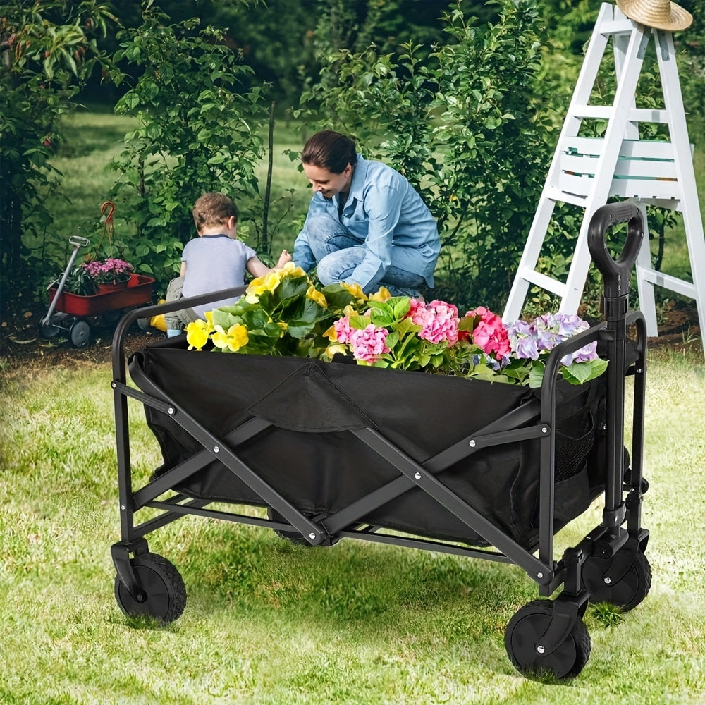 Folding Wagon, Collapsible Wagon Garden Cart Heavy Duty With Side Pocket And Wheels, Large Capacity Foldable Grocery Beach Wagon For Garden Sports Camping Shopping