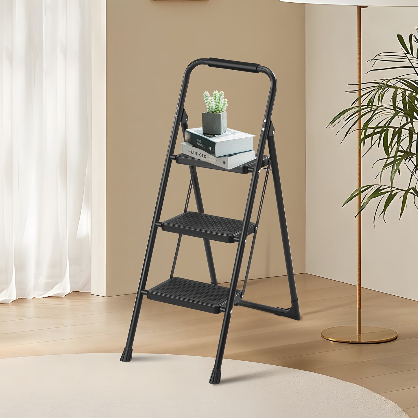 1pc Step Ladder, Ladder Shelf, 3 Step Ladder, Folding Step Stool With Wide Anti-Slip Pedal, Sturdy Steel Ladder, Convenient Handgrip, Lightweight, Portable Steel Step Stool, Black