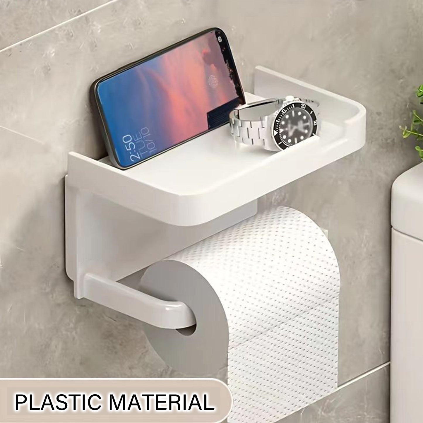 1pc Wall Mounted Toilet Paper Storage Rack & Mobile Phone Holder, Self Adhesive Toilet Paper Holder With Phone Shelf, Upgrade Your Bathroom With Rustproof And Bathroom Washroom, Black Tissue Rack