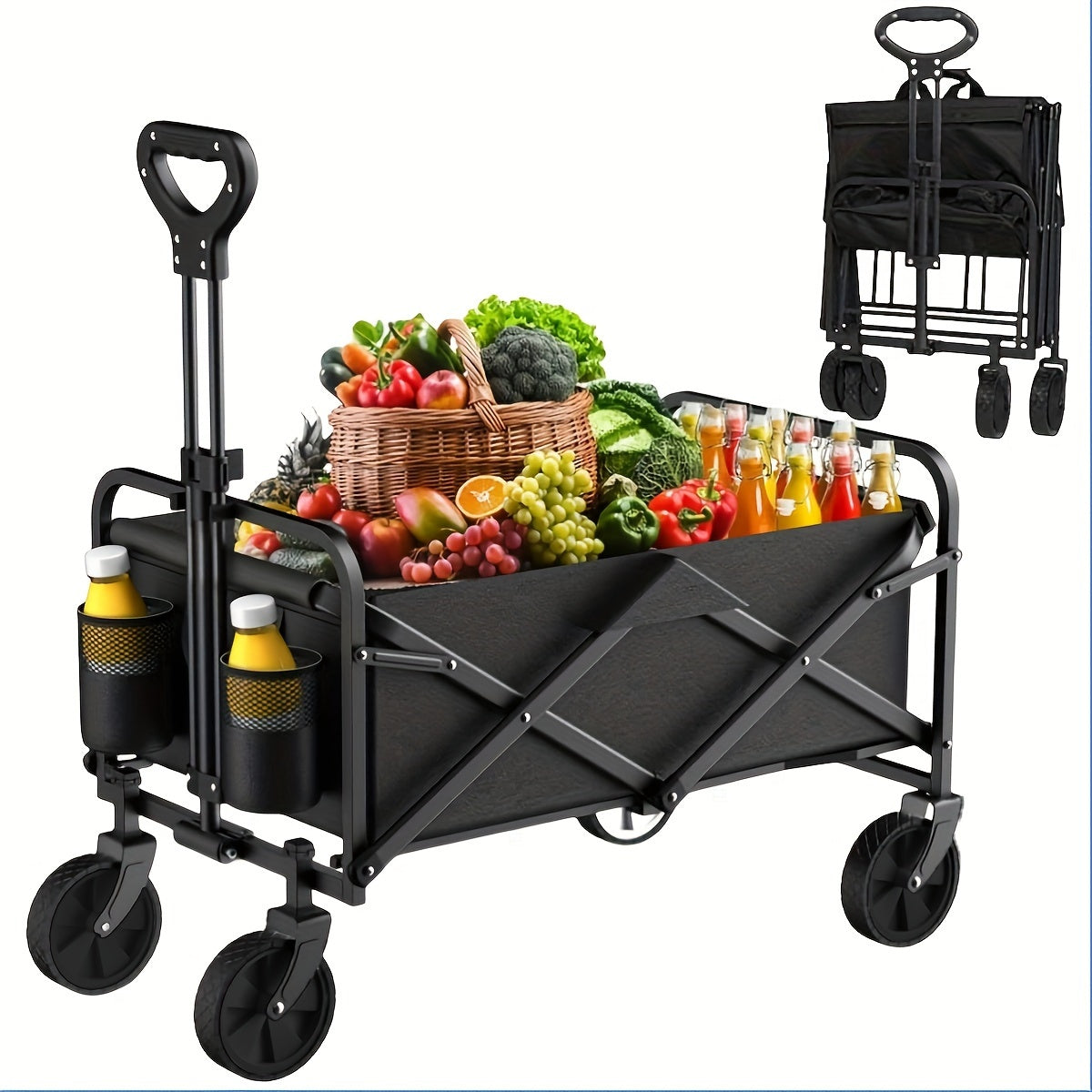 Folding Wagon, Collapsible Wagon Garden Cart Heavy Duty With Side Pocket And Wheels, Large Capacity Foldable Grocery Beach Wagon For Garden Sports Camping Shopping