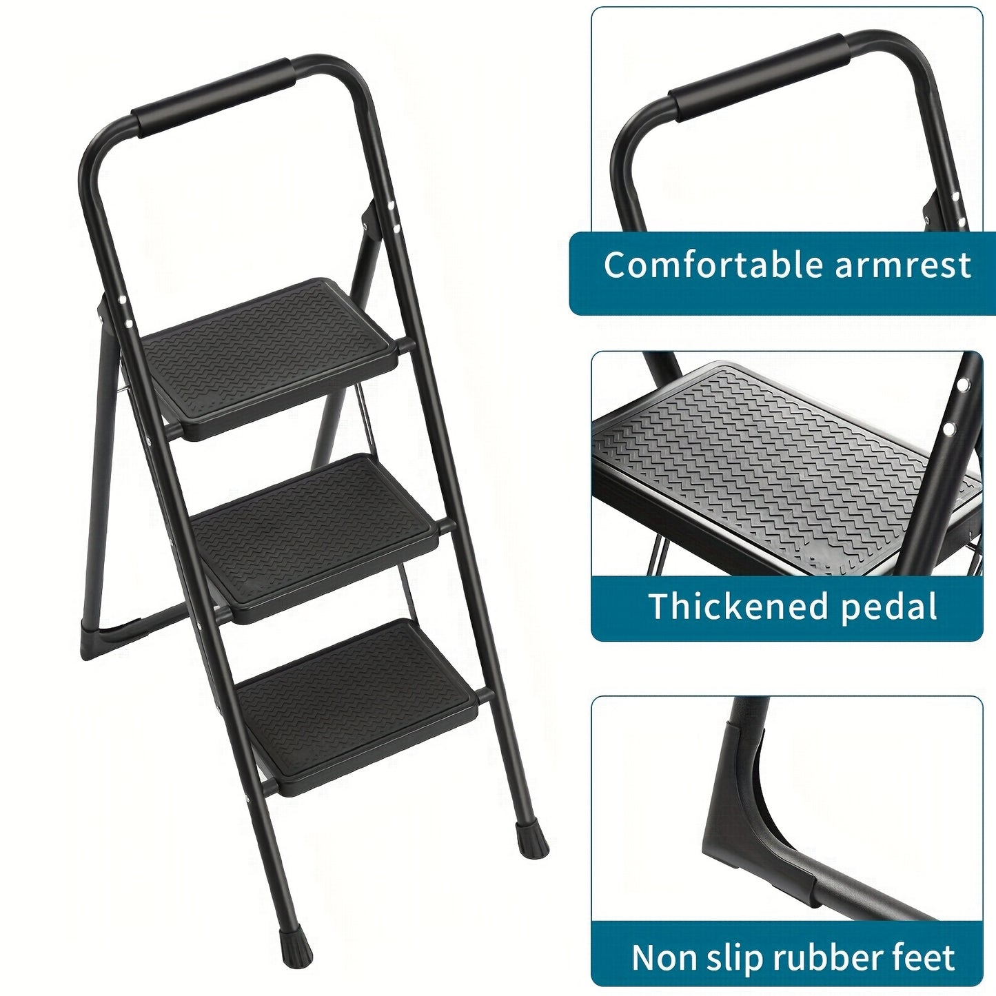 1pc Step Ladder, Ladder Shelf, 3 Step Ladder, Folding Step Stool With Wide Anti-Slip Pedal, Sturdy Steel Ladder, Convenient Handgrip, Lightweight, Portable Steel Step Stool, Black