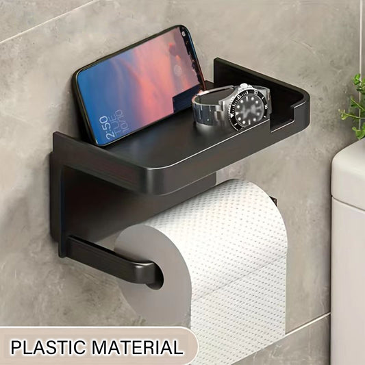 1pc Wall Mounted Toilet Paper Storage Rack & Mobile Phone Holder, Self Adhesive Toilet Paper Holder With Phone Shelf, Upgrade Your Bathroom With Rustproof And Bathroom Washroom, Black Tissue Rack