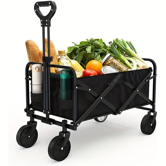 Folding Wagon, Collapsible Wagon Garden Cart Heavy Duty With Side Pocket And Wheels, Large Capacity Foldable Grocery Beach Wagon For Garden Sports Camping Shopping